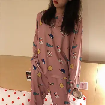 

Women Lovely Sweet Pajama Set Autumn Cute Cartoon Print Long Sleeved Cotton Top Long Pants Sleepwear