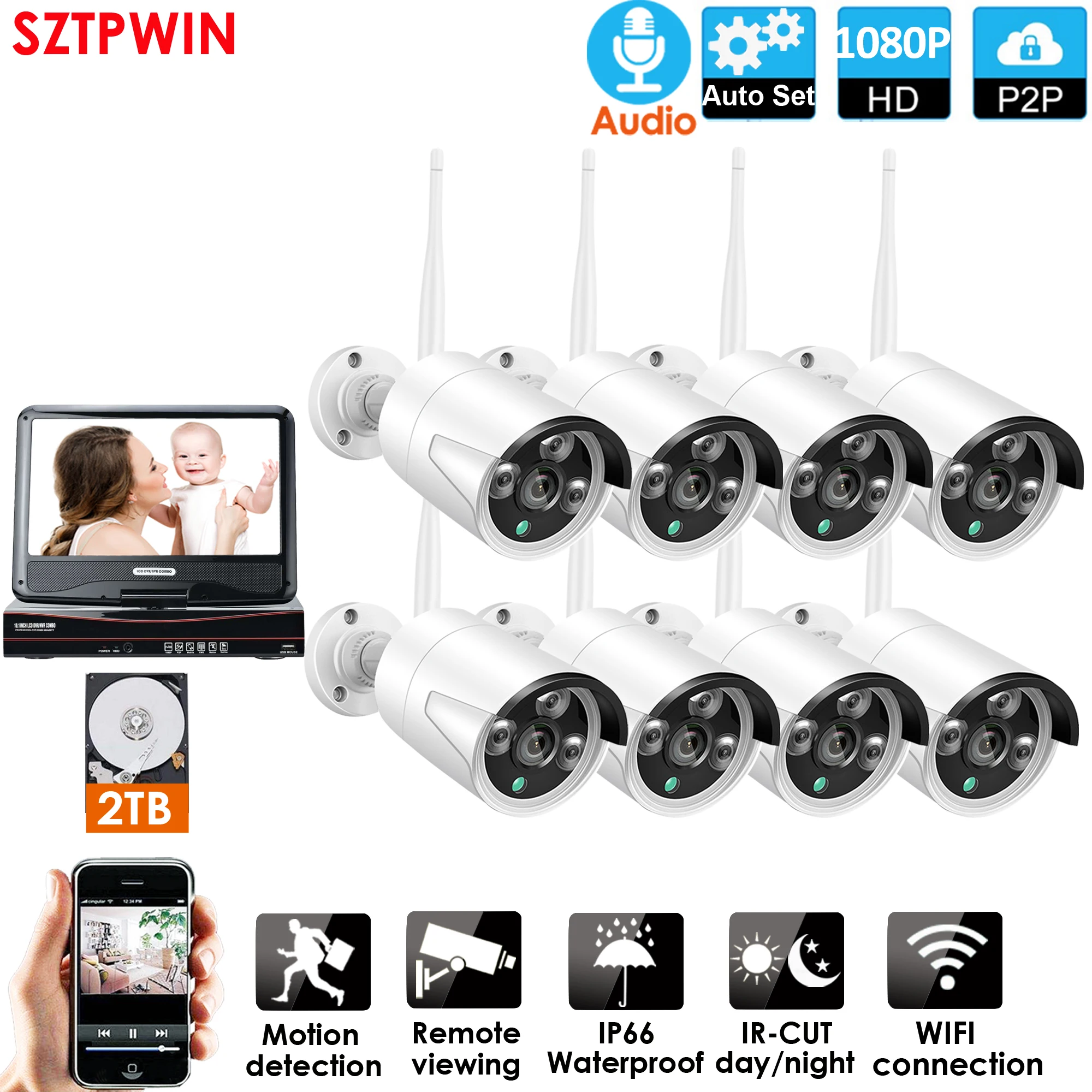 8CH 1080P Audio wireless Surveillance cctv System Network 10.1