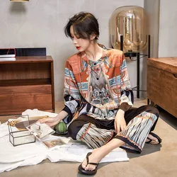 New Women's Pajamas Set Bohemian Style Folk Print Sleepwear Small Collar Silk Like Leisure Home Clothes Nightwear пижама женская