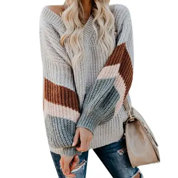 

Autumn Winter Women Causal Color Block Lantern Sleeve V Neck Loose Sweater Top