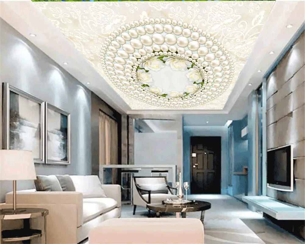 Home Improvement Wallpaper Crystal White Pearls and Delicate Flowers Simple and Clear Interior Ceiling Wallpaper