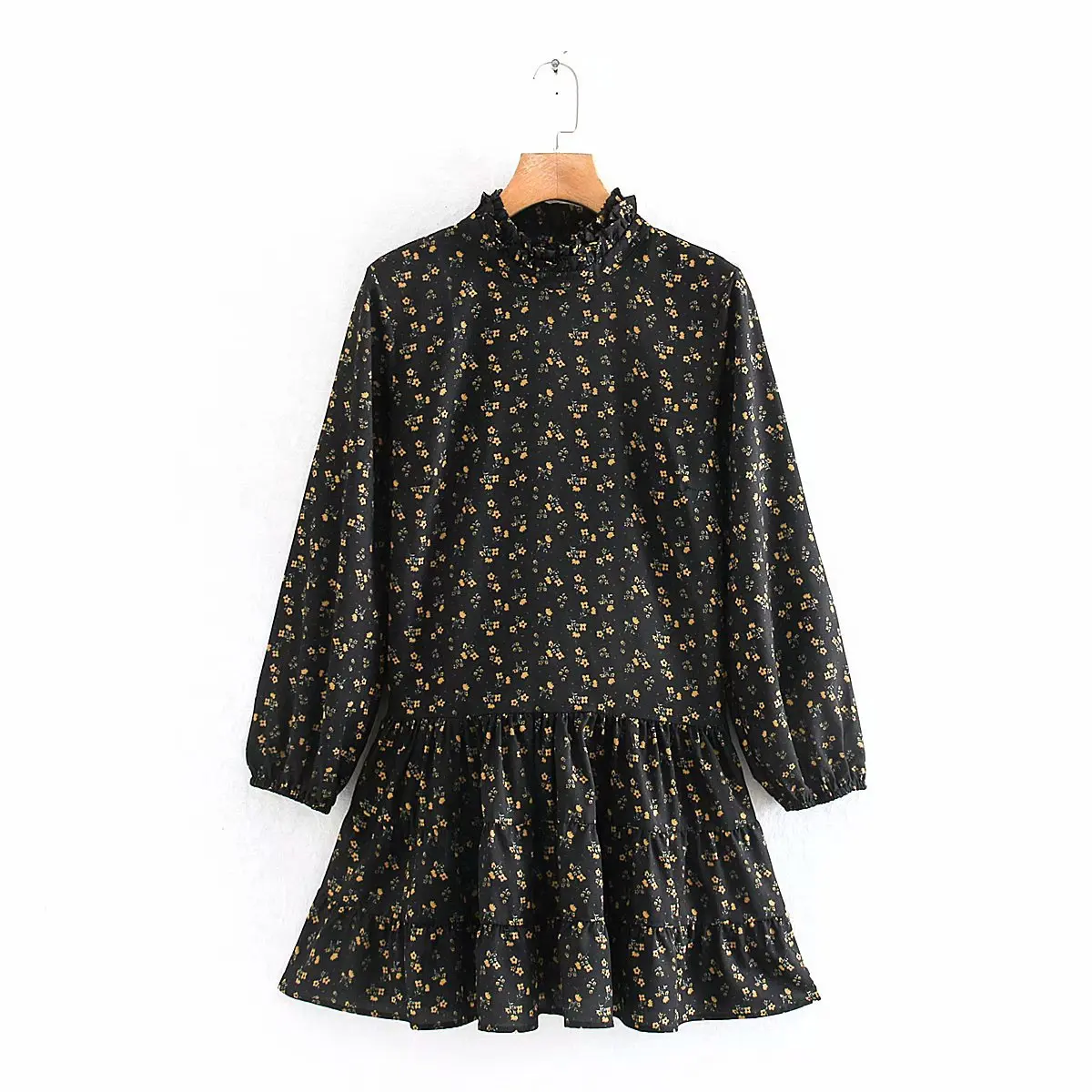 Women Retro Floral Pattern Mini Dress Straight Style Long Sleeve Pleated Vintage Female Casual Fashion Dresses | Женская одежда