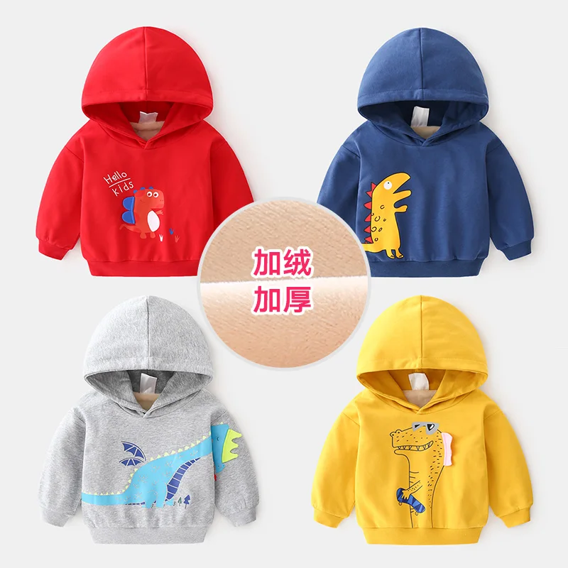 Детский свитер с динозавром Новинка года; Сезон Зима; Детский плюшевый топ с капюшоном и длинными рукавами для мальчиков; милая повседневная одежда для мальчиков с героями мультфильмов