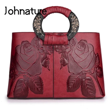 

Johnature Chinese Style 2020 New Luxury Women Bag Leather Handbag Large Casual Tote Handmade Embossing Shoulder Messenger Bags
