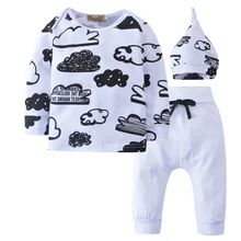 new style Hot sale newborn boys girls long-sleeved clothes white cloud T-shirt+ Pants+ baby clothes set with hat 3 pieces