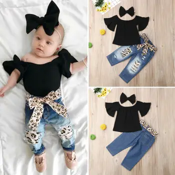 

Cute Toddler Baby Girls Off-Shoulder Crop Tops Print Pants Headband Summer 3pcs Outfit