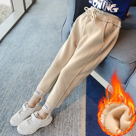 beige with velvet Осенне-зимние Плотные хлопковые спортивные повседневные штаны с бархатом для девочек, однотонные серые От 4 до 16 лет штаны до щиколотки с эластичной резинкой на талии - Цвет: beige with velvet