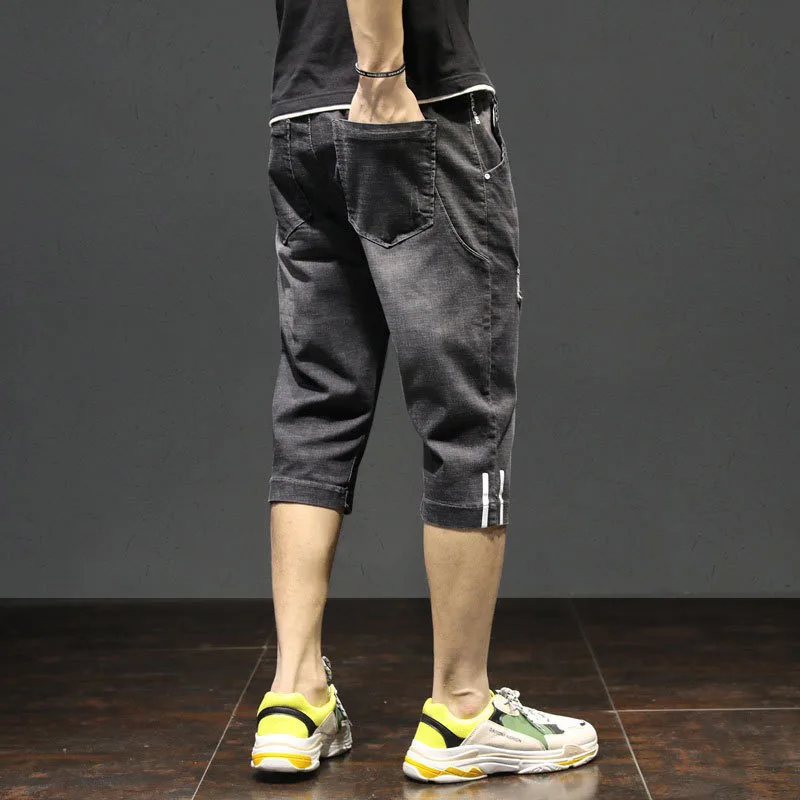 Summer Mens Streetwear Fashion Casual Straight Denim Shorts Loose Ripped Pants Drawstring Breeches Cowboy Cropped Jeans