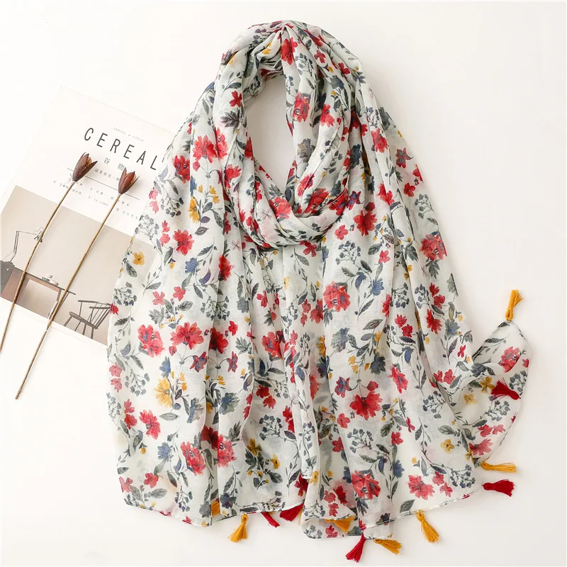 2023 Spring Scarf for Women Cotton Hijab Viscose Shawls Lady Wraps Garden Lovely Floral Tassel Scarves Print Pashmina Snood Caps