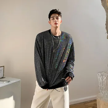 

Mulheres masculinas casal reflexivo lantejoulas pulôver moletom masculino discoteca palco mostrar moletom com capuz camisas aman