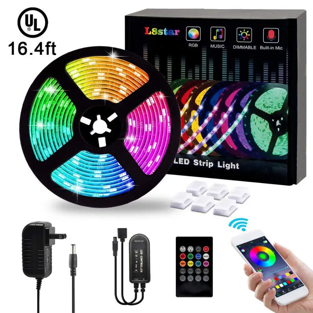 

LED Strip Lights,L8star 5M/16.4ft Flexible Strip Light SMD 5050 RGB with Bluetooth Controller Changing Tape Lights kit with LED Sync to Music for TV,Bedroom,Kitchen Under Counter, Under Bed Lighting