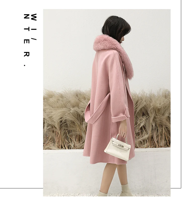 Excellent Women 2019 Winter Natural Fox Fur Collar Double-Sided Wool Blends Coat Female Thicken Warm Sheep Shearing Long Overcoat 5