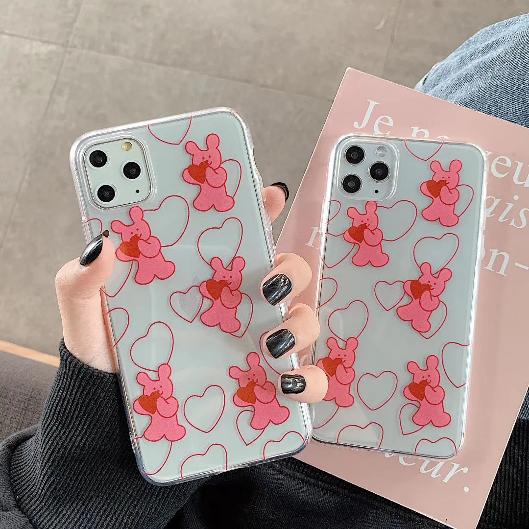 

INS Korea Cute Love Illustration Smiley Pink Bear Phone Case for iPhone 11 pro MAX Xs MAX Xr X 7 8 plus Soft TPU Back Cover