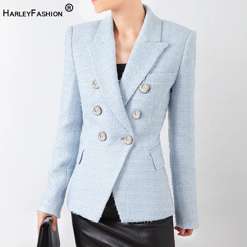 

HarleyFashion Winter Autumn Design Customize Fabric Tweed Thick Blazer Light Blue Fashion Quality Blazers Jackets