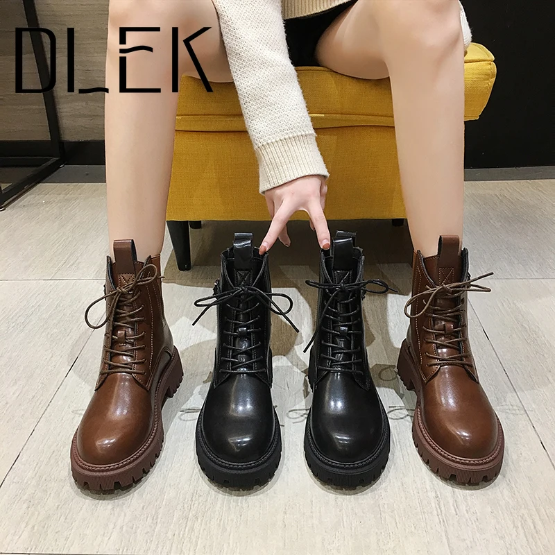Female Boots Platform Chunky Brown Women Short Square Heel Black Winter Ankle Lace-Up