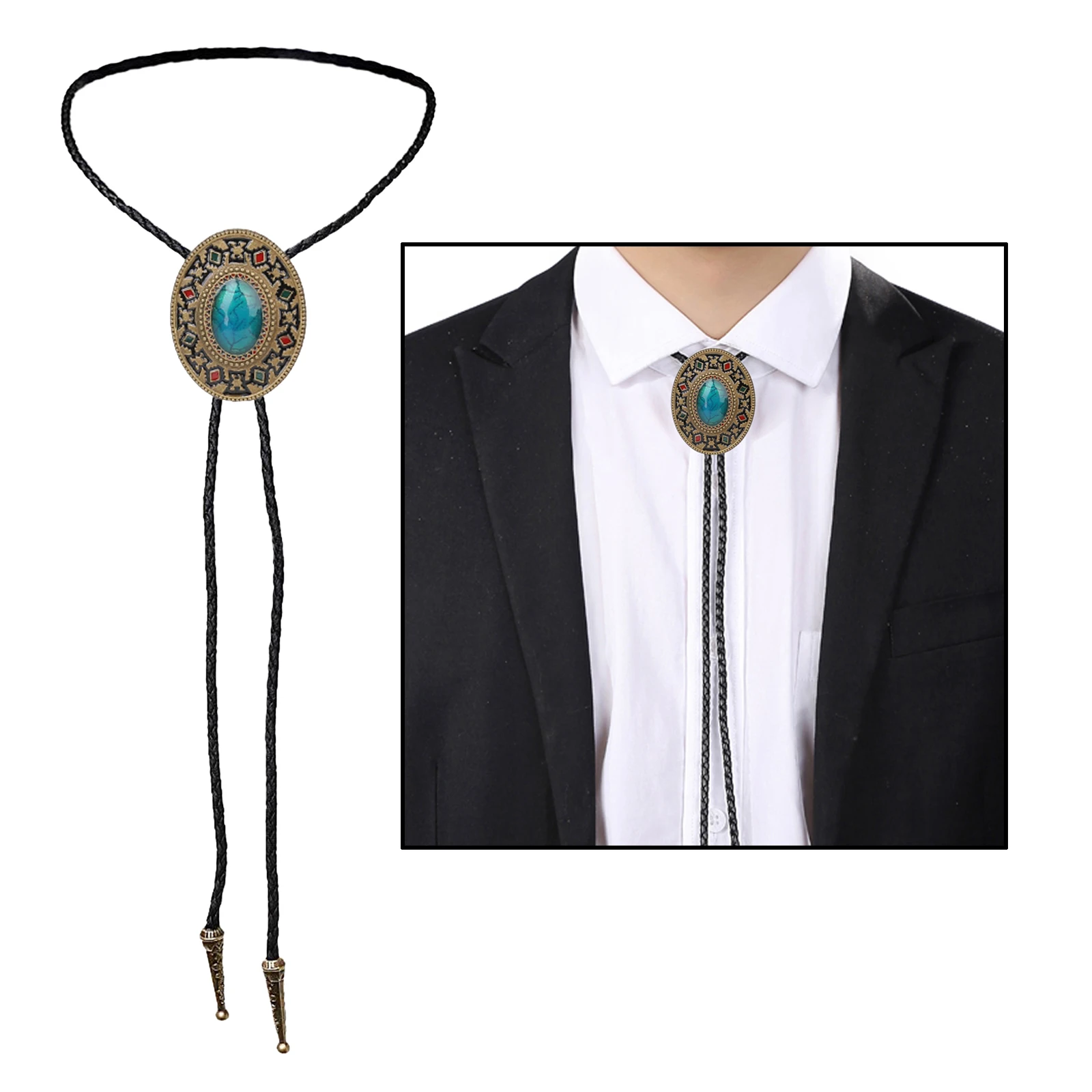 Fashion Mens Leather Turquoise Stone Bolo Tie Necklace Jewelry Retro Western Cowboy Mens Gifts Necktie Men Accessories