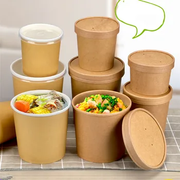 

50pcs High quality disposable kraft paper bowl 260ml round salad dessert food snack ice cream takeaway packaging cup with lids