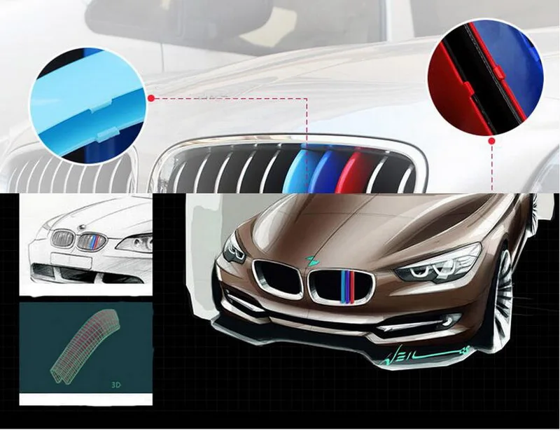 BMW Front Grill3pcs/set 3D M Ʈ Ʈ ׸ Ŀ ƼĿ BWM 5 ø/3 ø/X5 
