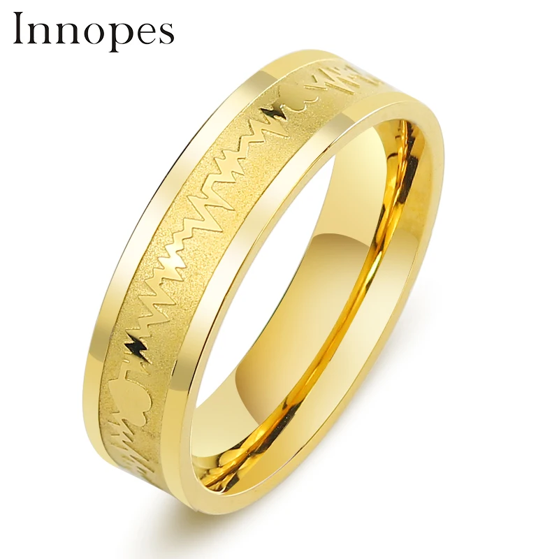 Innopes ECG Ring Stainless Steel Mood Ring Promise Heartbeat Wedding gold Ring Fashion Couple Jewelry for Men Women