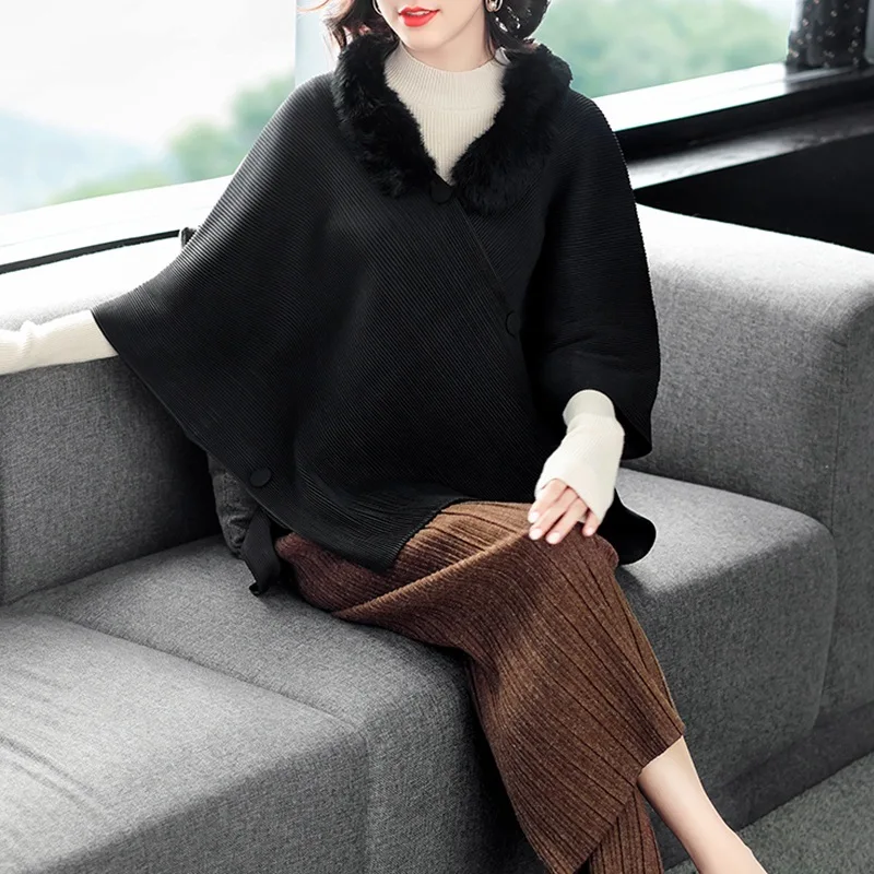 

Autumn and winter New coat female European and American fashion fur collar short coat temperament pressure bat sleeve cloak