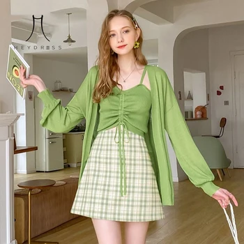

Heydress Knitted Bandage Cardigan+Camisole+skirt setReal French Green Suit Female Sweet Green Skirt Hipster Temperament 3 Pieces