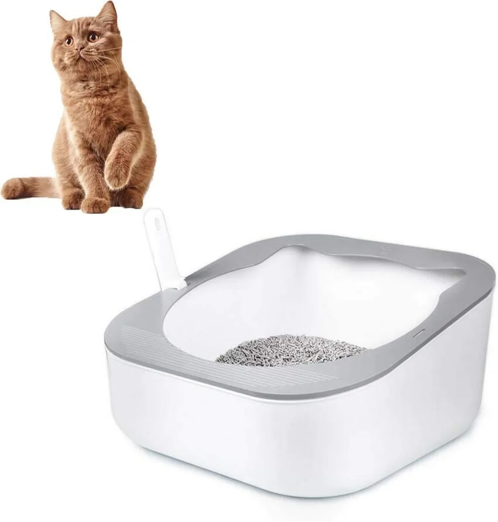 

Cat Sandbox Litter Box Large Capacity Semi-Enclosed Cat Toilet Tray Splash-Proof with Scoop Easy to Clean with Non-Stick Coating