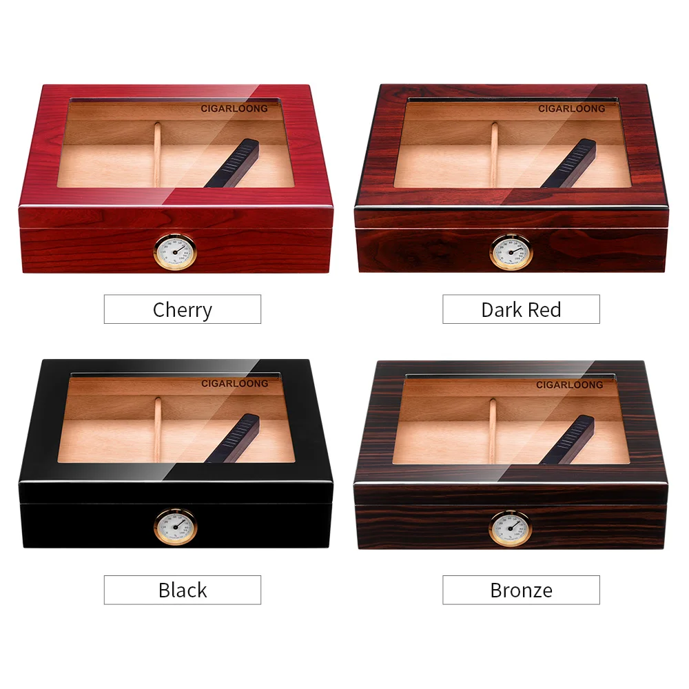 Wooden Cedar Cigar Humidor Humidifier Storage Box Glass top Hygrometer With Lock 