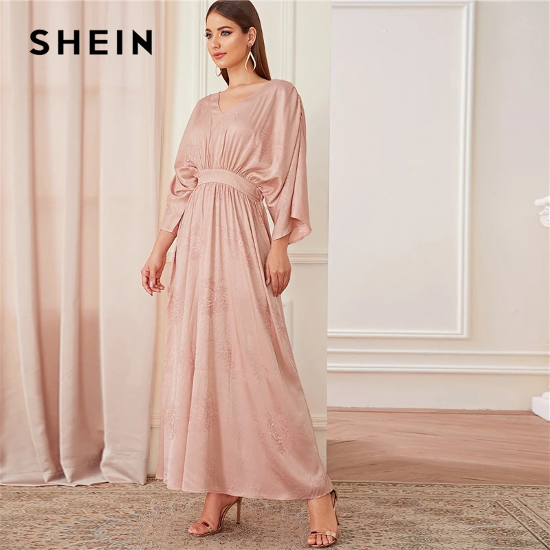 SHEIN abaya/розовое платье с рукавами «летучая мышь» с цветочным принтом, скромное платье макси, женское весенне-осеннее однотонное платье с v-образным вырезом, ТРАПЕЦИЕВИДНОЕ элегантное платье с высокой талией