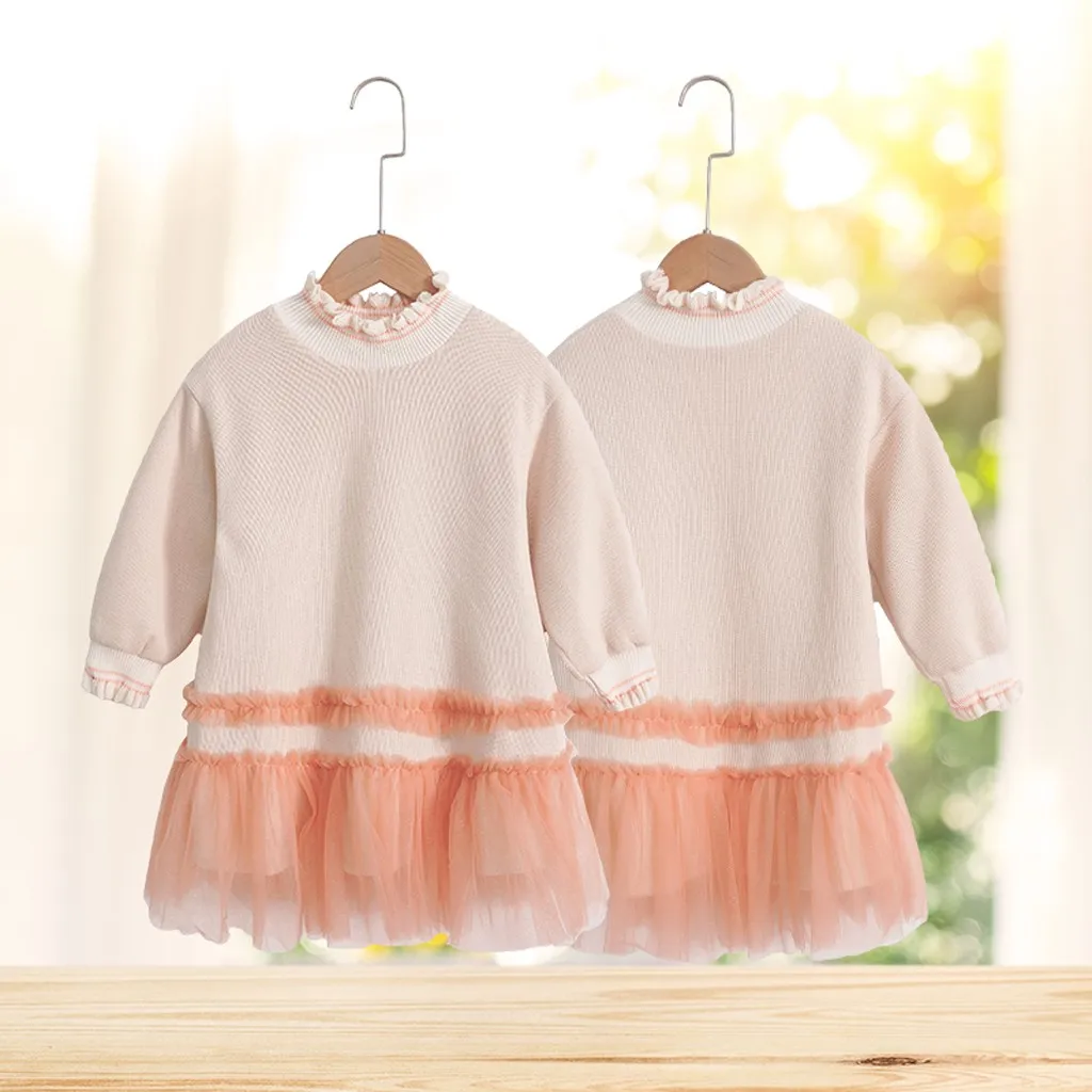 Платье для малышей; свитер с длинными рукавами для маленьких девочек; праздничные платья принцессы из тюля с рюшами; Модная одежда для девочек; сезон весна-зима; M140
