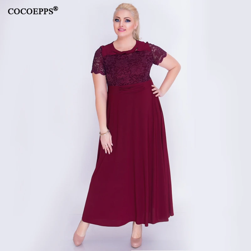burgundy Кружевное лоскутное 6xl женское платье большого размера Элегантное макси платье размера плюс сексуальные вечерние платья а-силуэта длинные платья больших размеров 5xl - Цвет: burgundy