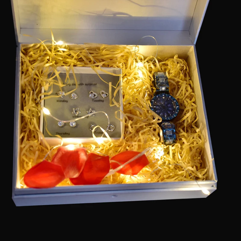 

Women Christmas Gift Set 360 Degree Rotation Watch Fashion 925 Sterling Silver Needle Earring Sets With Light Rose Gift Box