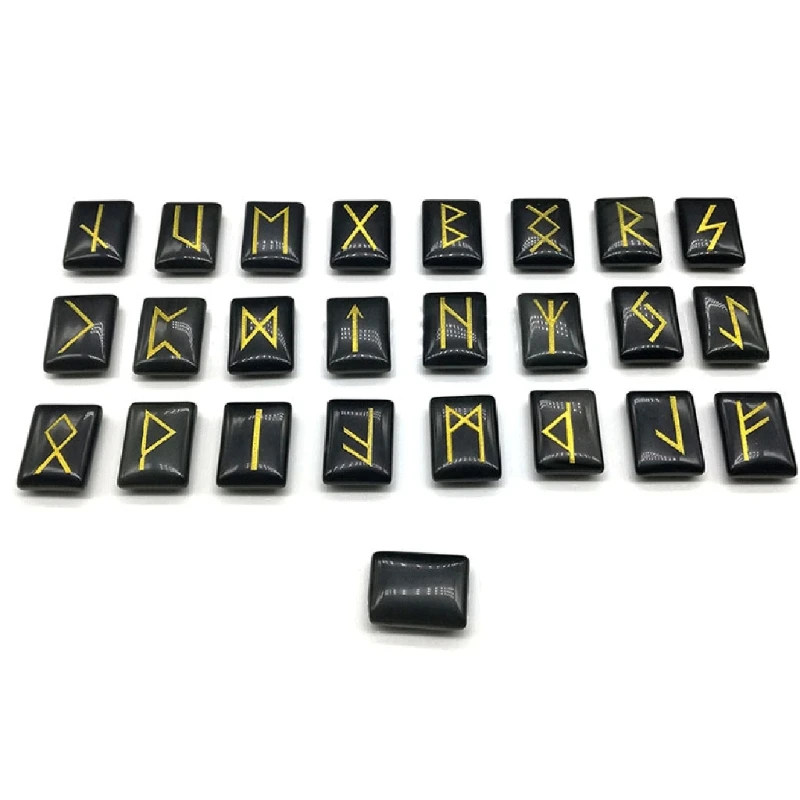 25Pcs Black Obsidian Rune Stones Set with Engraved Elder Futhark Alphabet Crystal Meditation Divination Art Witchcraft