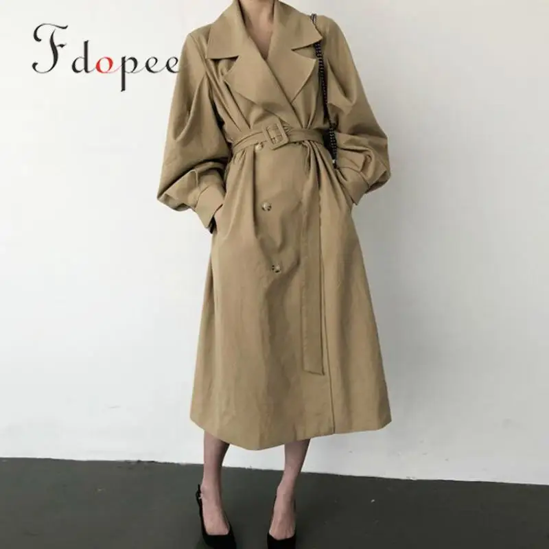 

2019 Trench Coat For Women Retro Style Suit Collar Double Breasted Loose Solid Color Waistband Elegant Temperament Windbreaker