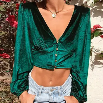 

Vintage Velvet Crop Top Women Autumn Winter Blouses Long Sleeve Tunic Women Tops Button Down Sexy V Neck Green Shirt