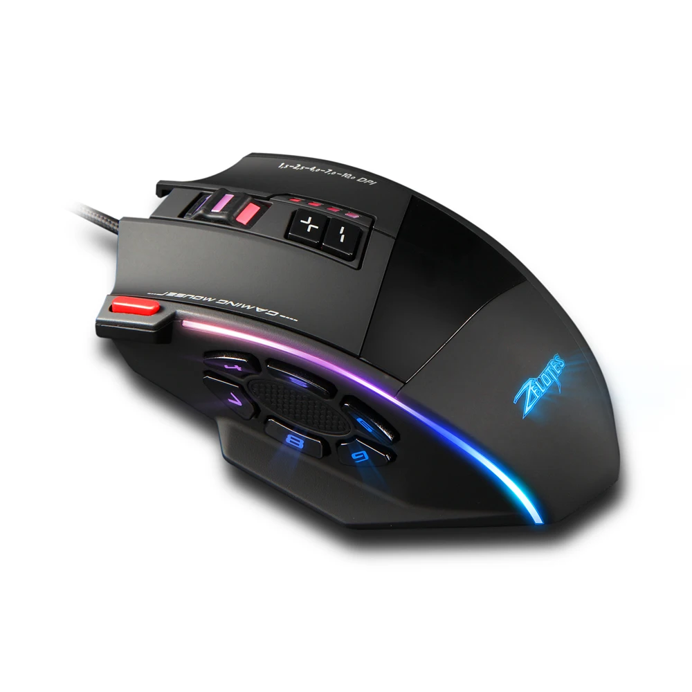 ZELOTES C-13 Wired USB 10000 DPI Optical Gaming Mouse 13 Programmable Buttons Computer Game Mice 5 Adjustable DPI LED Lights