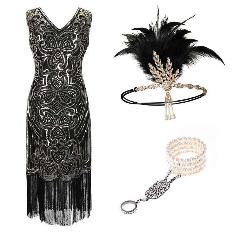 black gold set -a Женские 1920s Гэтсби Хлопушки бахрома платье V шеи бисером блесток платье(розовый/черный/красный/Абрикосовый) S-XXL - Цвет: black gold set -a