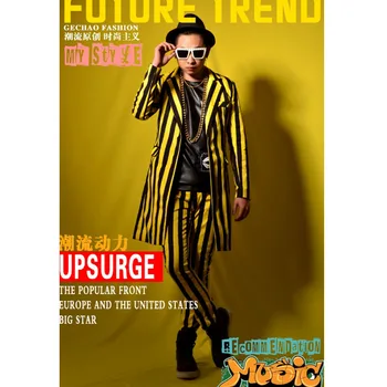 

Men 2 Pieces Suits Sets Yellow Black Stripes Long Suit Coat Pant Male Fashion Hip Hop Slim Fit Blazers Jacket Stage Costumes