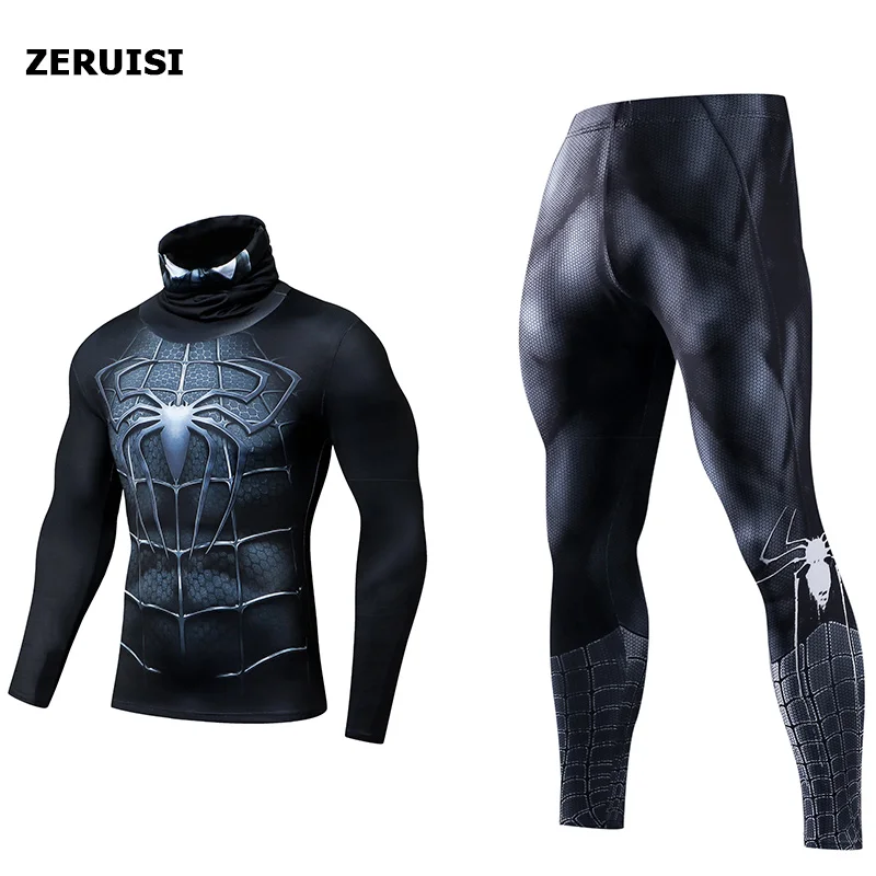 Мужские спортивные костюмы, спортивный костюм для фитнеса, одежда, термальный 3d-принт, Рашгард, супергерой, Человек-паук, высокий воротник, нагрудный компрессионный комплект - Цвет: JDP13 JSK13