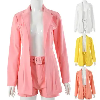 

2Pcs Office Lady Solid Color Lapel Collar Blazer High Waist Belt Short Pants Set for women clothing suit