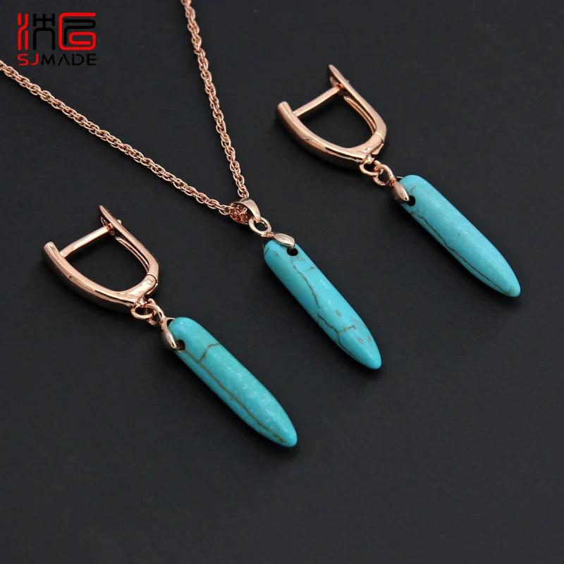 Серьги подвески SJMADE из розового золота 585 пробы с бирюзовыми полосками ювелирные