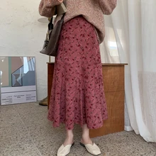 Эластичные женские Юбки Русалки с высокой талией и цветочным принтом, женские вельветовые юбки, Осень-зима, юбки средней длины