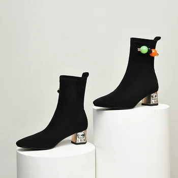 

Kid Suede Women Ankle Boots 4cm Square mrd Heels Chelsea Boots Elegant Short Boots Female Plus Size Shoes Woman