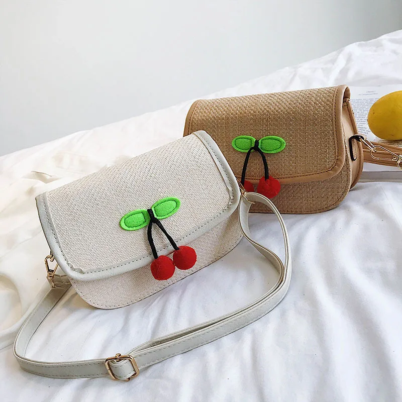 

Summer New Arrival Straw WOMEN'S Bag 2019 New Style Fashion Woven Bag Versatile Pu Square Sling Bag Cherry GIRL'S Shoulder Bag