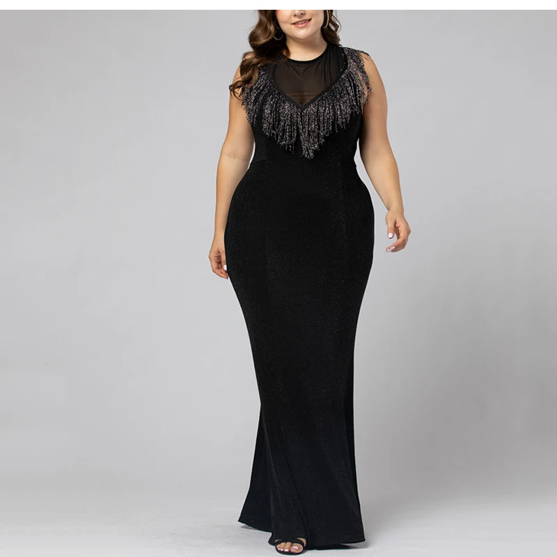 MD African Women Black Dress Plus Size Tassel Maxi Dresses Wedding Evening Skinny Dress Fashion Female Clothes