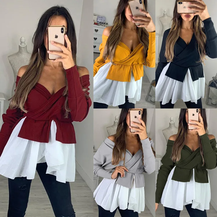 Goedkoop Vrouwen Herfst Lange Mouw V hals Cross Off de Schouder Tops Tee Shirts Onregelmatige Patchwork Tee Shirt Femme Camisas