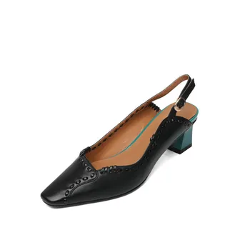 

Sexy Pointed Toe Sandals High Quality Cow Leather Buckle Square Med Heel Shoes Comfortable New Women's Sandals