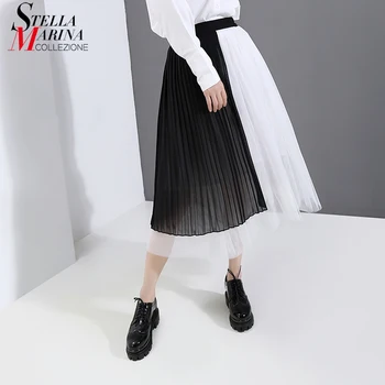 

New 2019 Korean Style Women Black And White Pleated Dress Mesh Patchwork High Waist Ladies Stylish Long Casual Sheer Skirt 5876