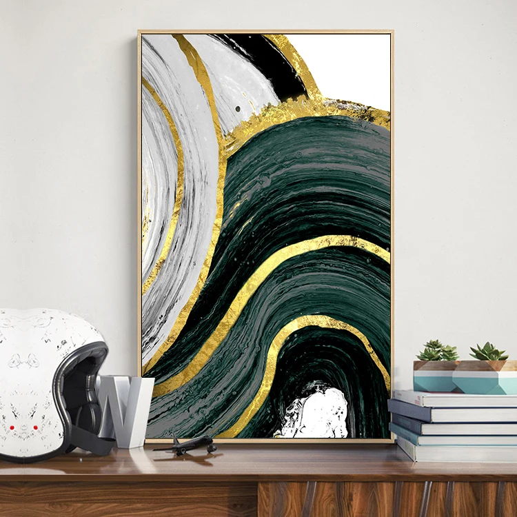 

Abstract Green Gold Foil Annual Ring Canvas Art Modern Blue and Gold Poster Luxury Wall Picture for Living Room 3D Place Tableau