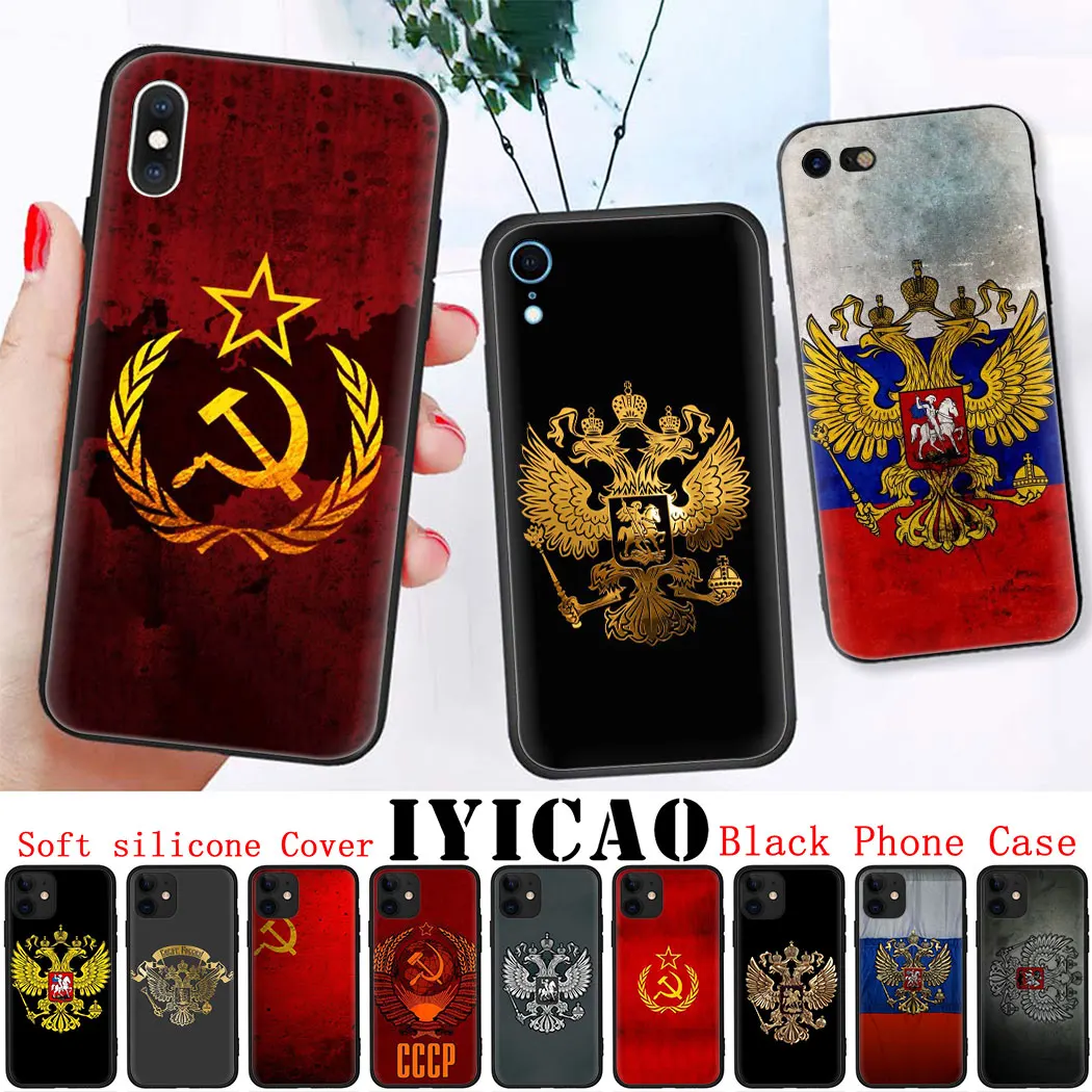 Soft silicone Cover for iPhone 11 Pro Max XS XR X SE 5 5s 7 8 6 6s Plus Black Phone Case Russia Flag coat of arms | Мобильные