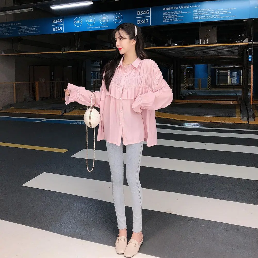 New Autumn Cute Women Shirts Ruffles Full Sleeve Loose Hong Wind Fold Blouse Shirt White Pink 3872